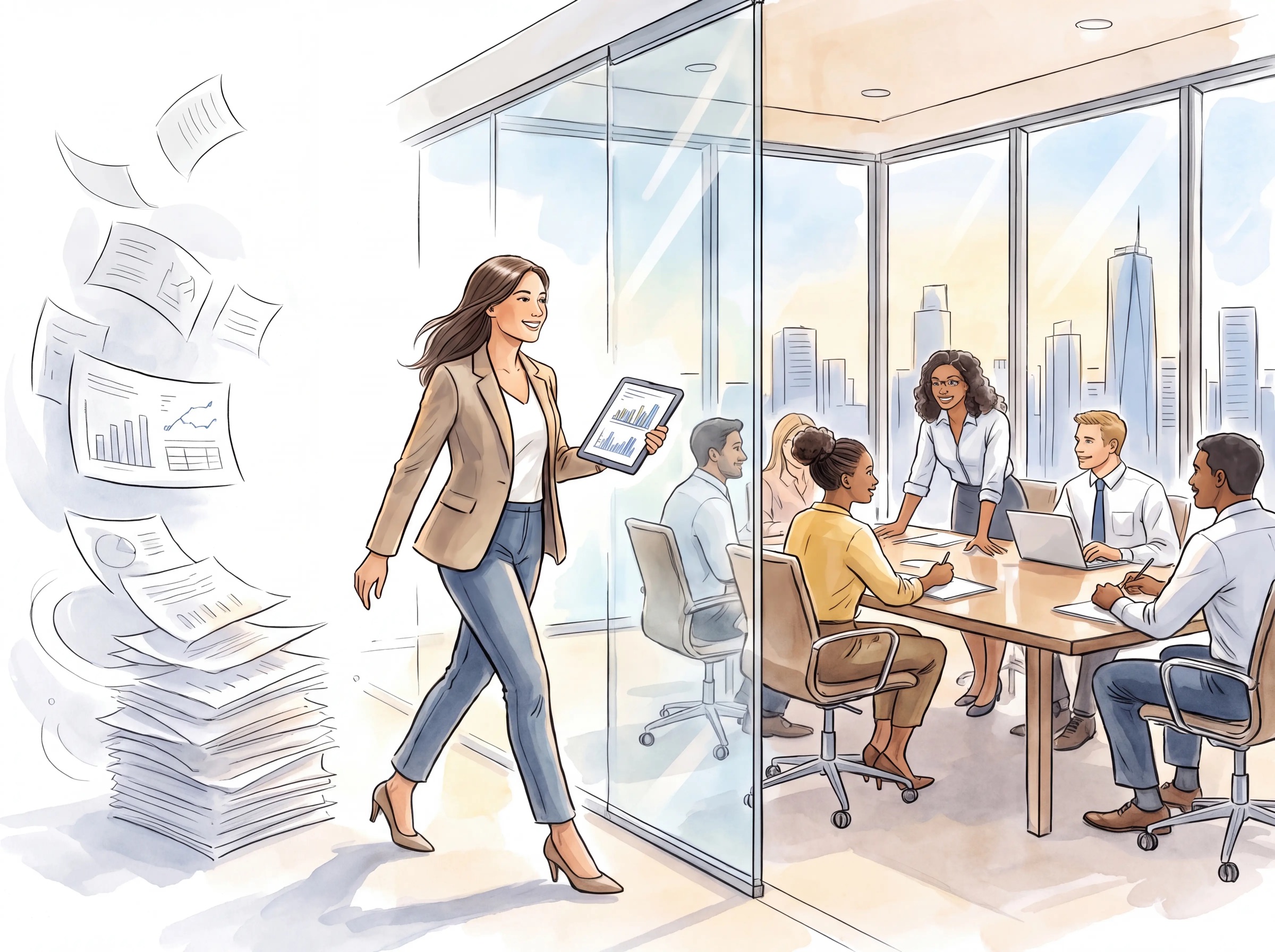 A finance professional leaves a pile of paper reports behind and walks into a meeting room, tablet in hand, where the team is waiting.